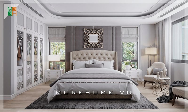 Một chiếc ghế sofa màu kem rất đẹp và được trang bị theo phong cách tân cổ điển, giúp nổi bật và tạo nên sự hoàn hảo cho thiết kế không gian phòng ngủ tân cổ điển.